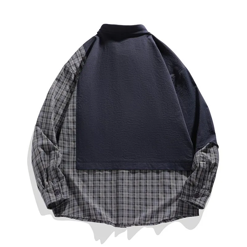 Draping Plaid Workwear Patchwork Trendy Long Sleeve Shirt