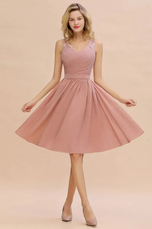 Elegant Ruffle Chiffon Short Bridesmaid Dress Sleeveless V-Neck Aline Knee Length Homecoming Dress
