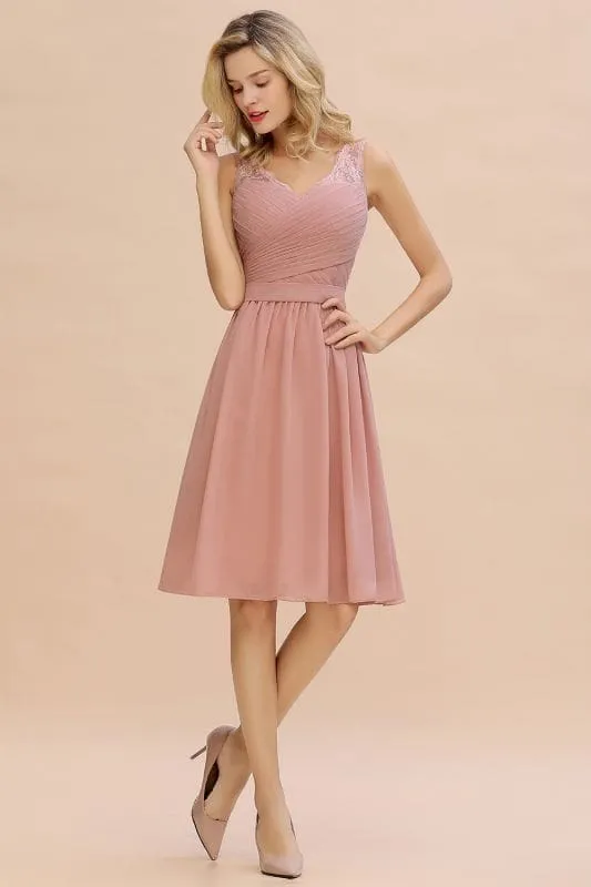 Elegant Ruffle Chiffon Short Bridesmaid Dress Sleeveless V-Neck Aline Knee Length Homecoming Dress