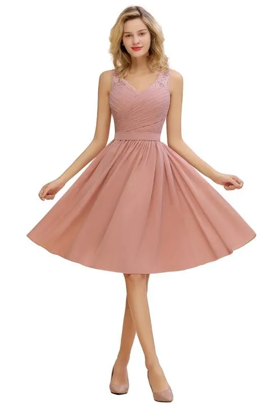 Elegant Ruffle Chiffon Short Bridesmaid Dress Sleeveless V-Neck Aline Knee Length Homecoming Dress