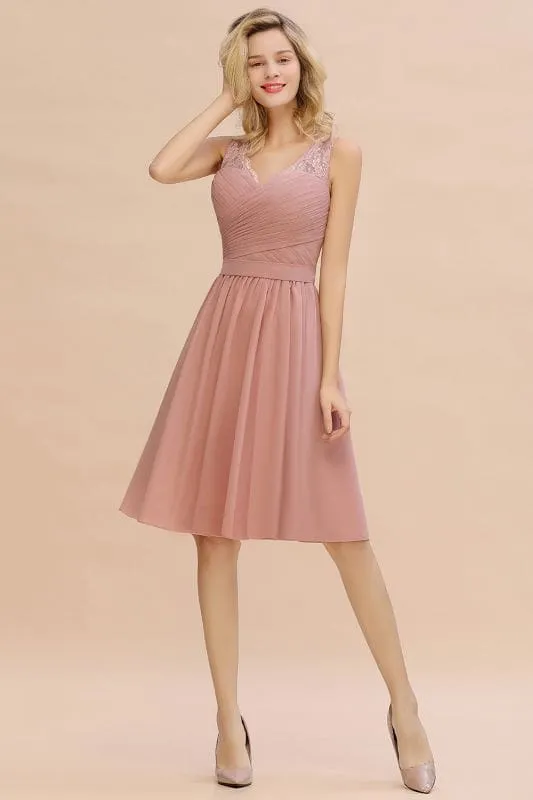 Elegant Ruffle Chiffon Short Bridesmaid Dress Sleeveless V-Neck Aline Knee Length Homecoming Dress
