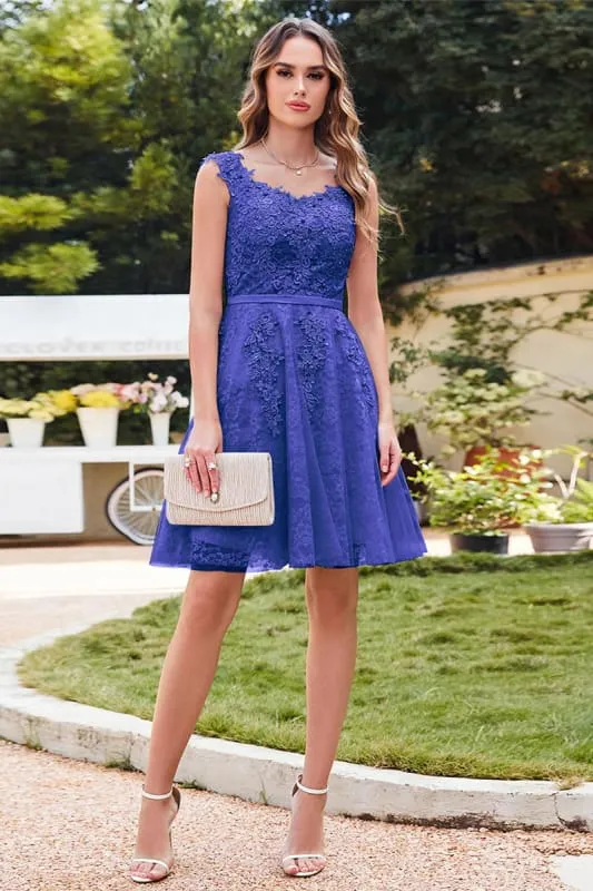 Elegant Scoop Neck Tulle Lace Short Homecoming Dress Sleeveless Appliques Mini Party Dress