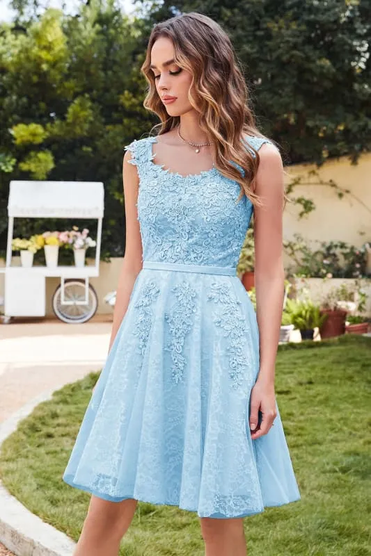 Elegant Scoop Neck Tulle Lace Short Homecoming Dress Sleeveless Appliques Mini Party Dress
