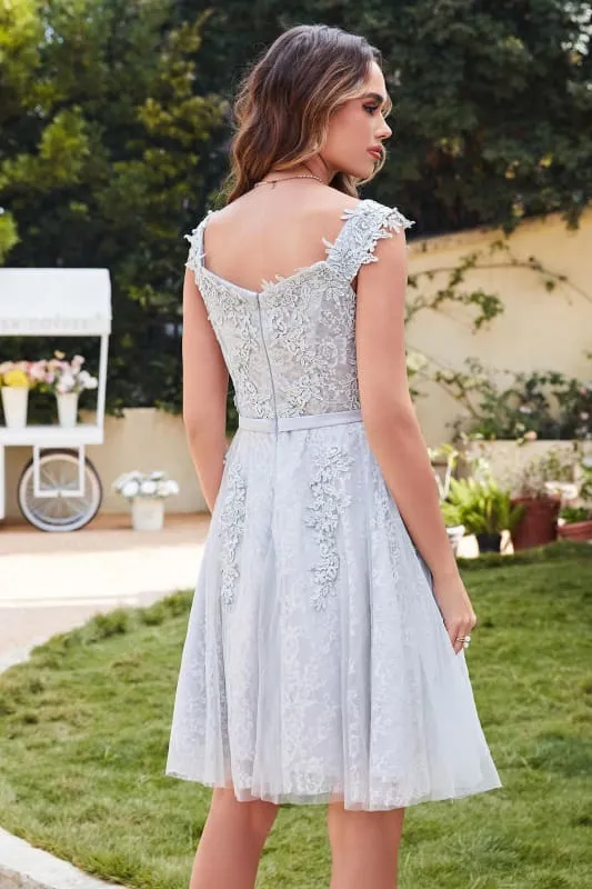 Elegant Scoop Neck Tulle Lace Short Homecoming Dress Sleeveless Appliques Mini Party Dress