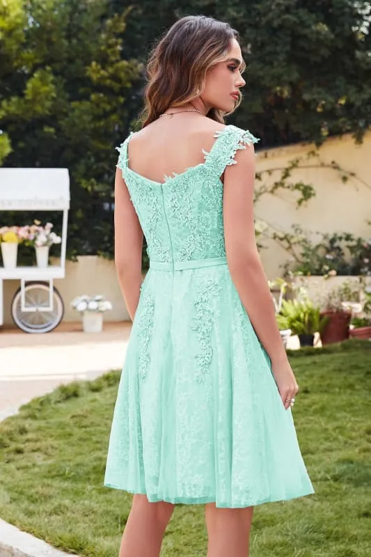 Elegant Scoop Neck Tulle Lace Short Homecoming Dress Sleeveless Appliques Mini Party Dress