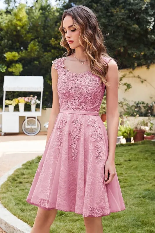 Elegant Scoop Neck Tulle Lace Short Homecoming Dress Sleeveless Appliques Mini Party Dress