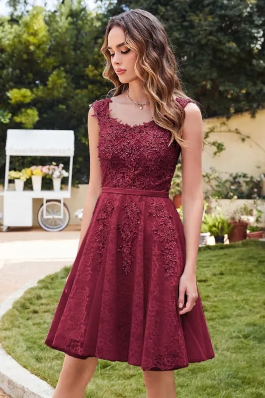 Elegant Scoop Neck Tulle Lace Short Homecoming Dress Sleeveless Appliques Mini Party Dress