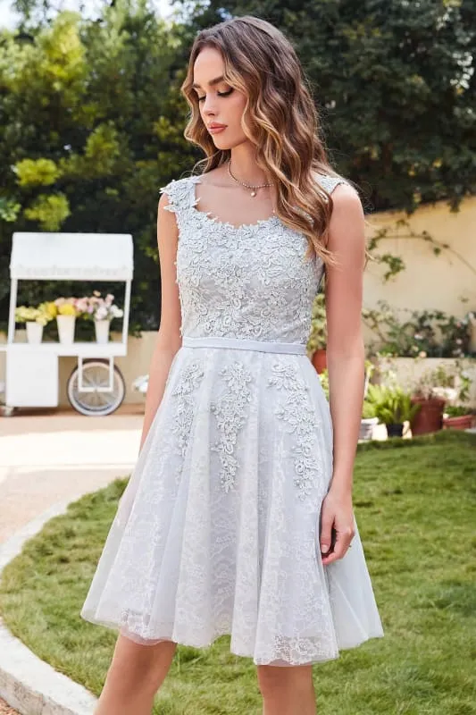 Elegant Scoop Neck Tulle Lace Short Homecoming Dress Sleeveless Appliques Mini Party Dress