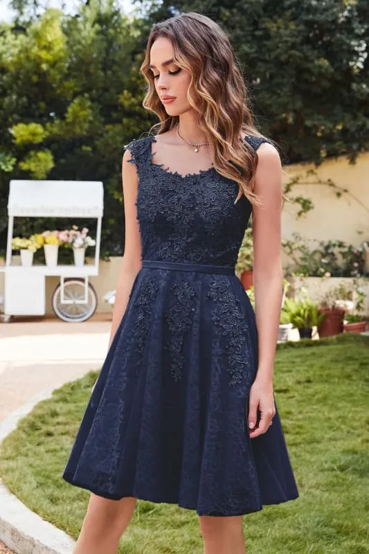 Elegant Scoop Neck Tulle Lace Short Homecoming Dress Sleeveless Appliques Mini Party Dress