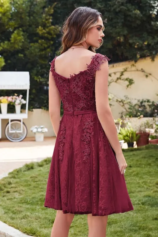 Elegant Scoop Neck Tulle Lace Short Homecoming Dress Sleeveless Appliques Mini Party Dress
