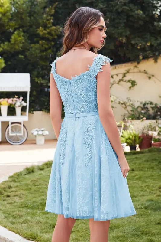 Elegant Scoop Neck Tulle Lace Short Homecoming Dress Sleeveless Appliques Mini Party Dress