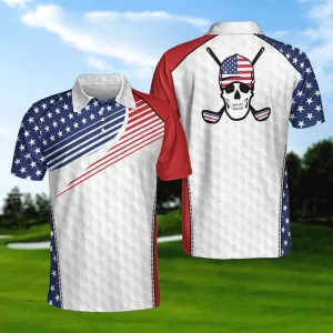 Golf Skull Wear Hat Short Sleeve Usa Golf Polo Shirt, American Flag Polo Shirt, Patriotic Golf Shirt For Men Coolspod