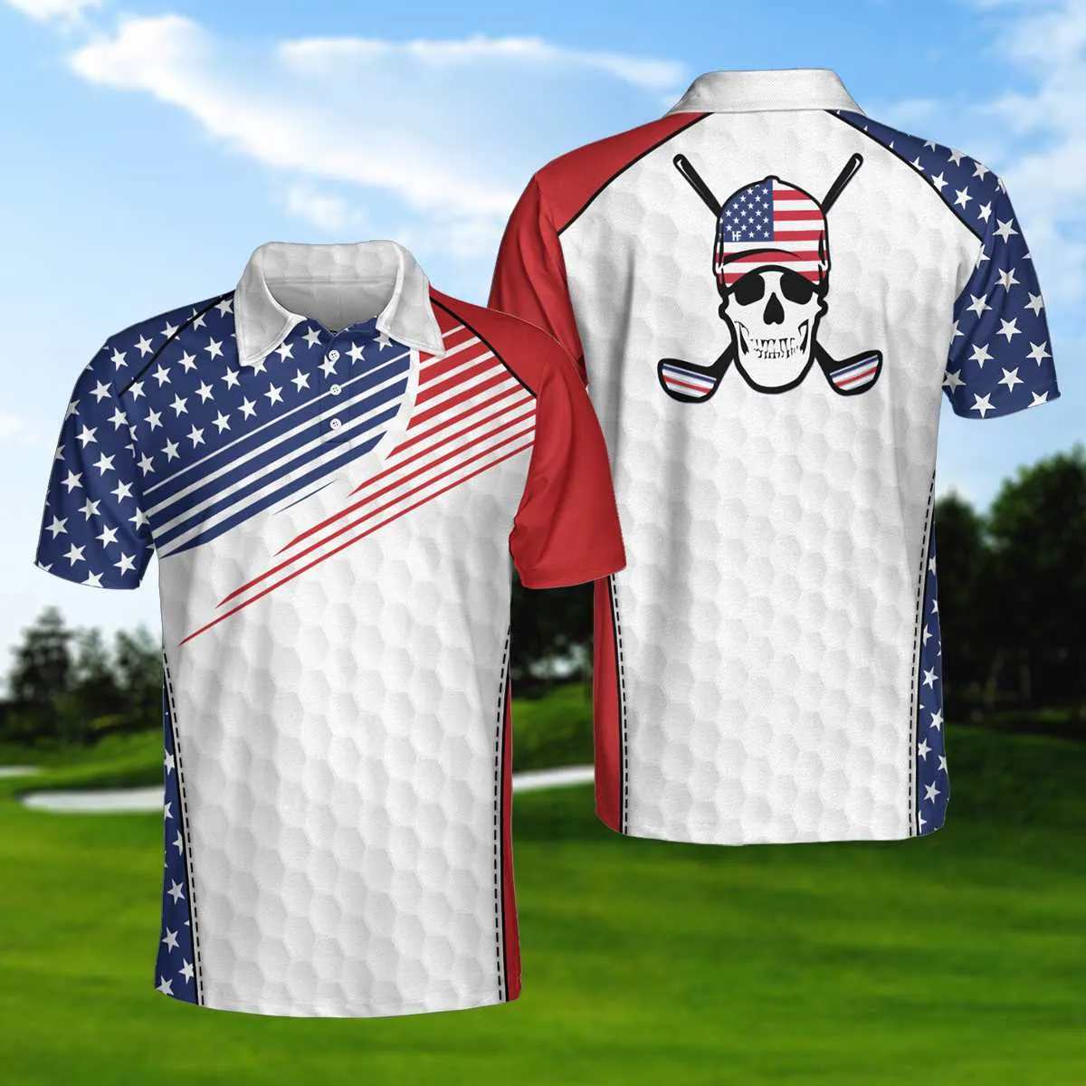 Golf Skull Wear Hat Short Sleeve Usa Golf Polo Shirt, American Flag Polo Shirt, Patriotic Golf Shirt For Men Coolspod