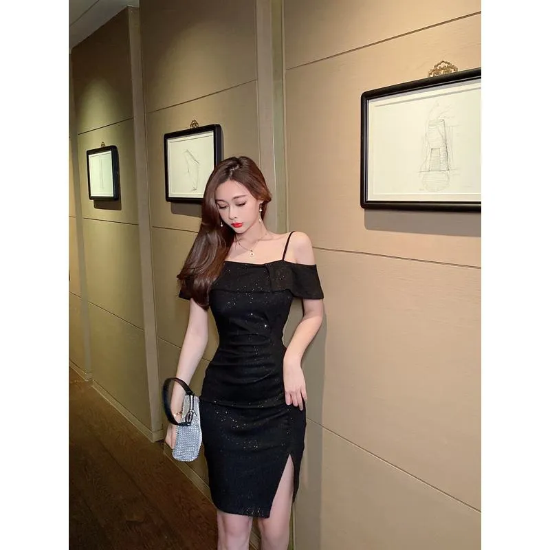 Hepburn Off-Shoulder Sequined French Style Cami Dress