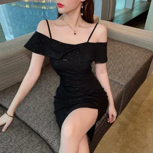 Hepburn Off-Shoulder Sequined French Style Cami Dress