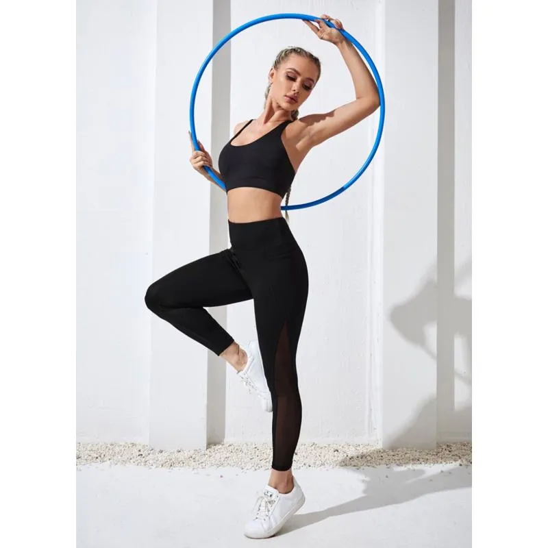 High-Waisted Yoga Solid Color Mesh Tight-Fitting Sports Fitness Running Patchwork Side Sports Leggings