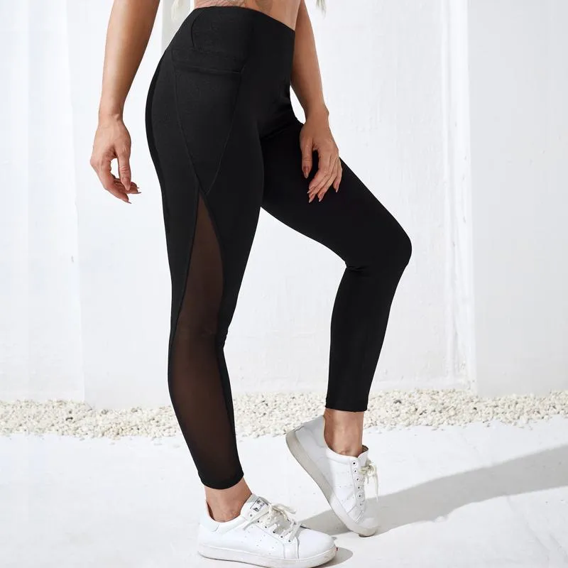 High-Waisted Yoga Solid Color Mesh Tight-Fitting Sports Fitness Running Patchwork Side Sports Leggings