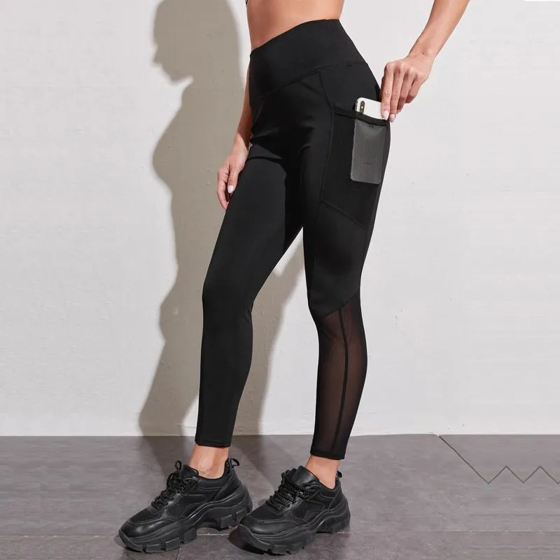 High-Waisted Yoga Tight-Fitting Fitness Pocket Running Mesh Sports Leggings