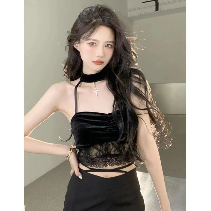 Hip-Hugging Patchwork Lace Black Velvet Halter Dress