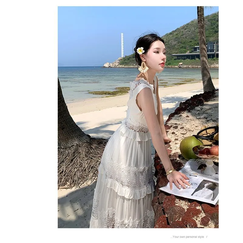 Hollowed-Out Beach White Lace Multi-Layer Dress