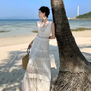 Hollowed-Out Beach White Lace Multi-Layer Dress