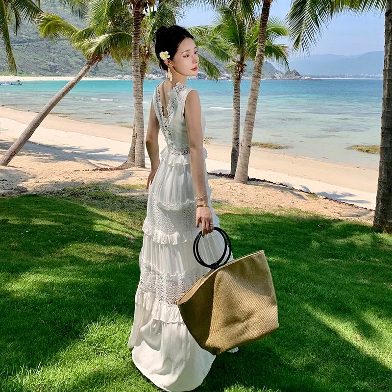 Hollowed-Out Beach White Lace Multi-Layer Dress