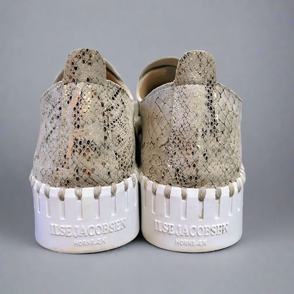 Ilse Jacobsen taupe metallic snake Tulip shoes, size 7