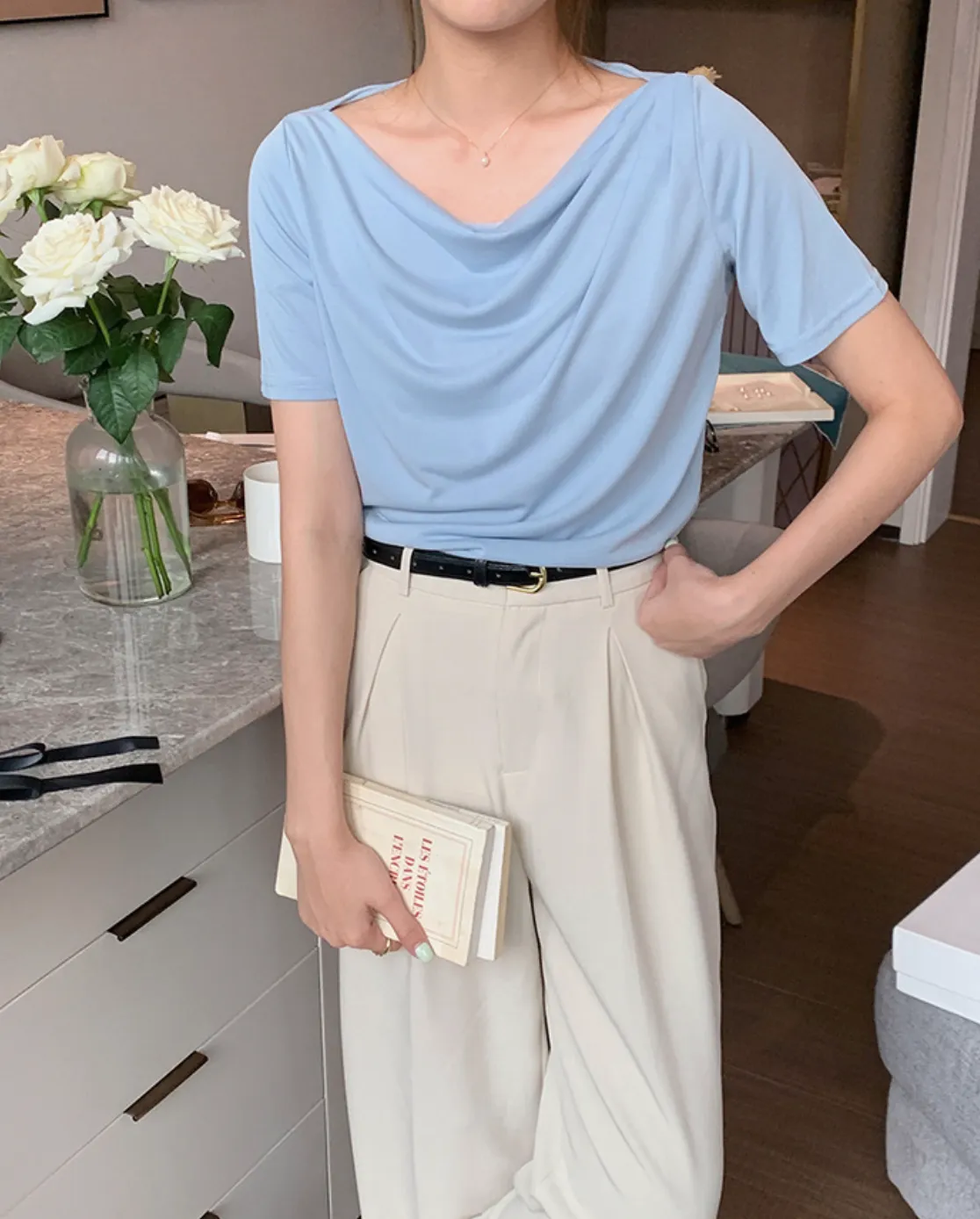 [Korean Style] Cowl Neck Solid Color Short Sleeve Top