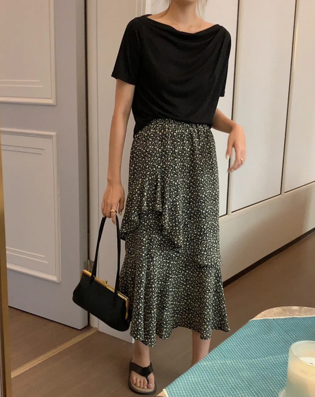 [Korean Style] Cowl Neck Solid Color Short Sleeve Top