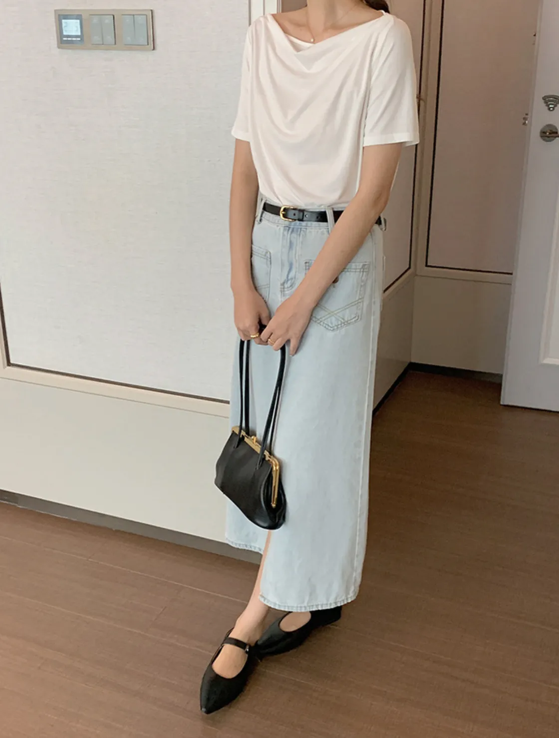 [Korean Style] Cowl Neck Solid Color Short Sleeve Top