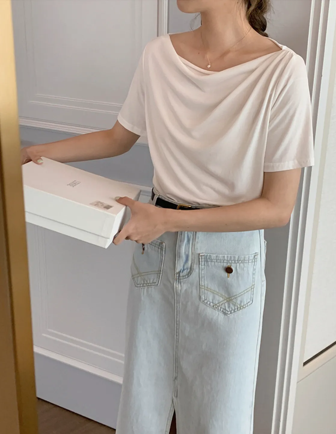 [Korean Style] Cowl Neck Solid Color Short Sleeve Top