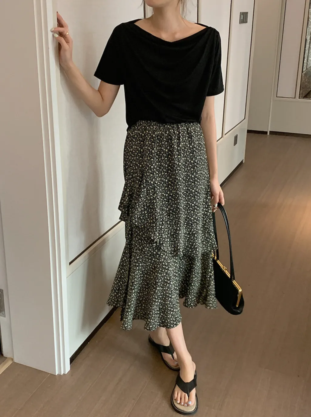 [Korean Style] Cowl Neck Solid Color Short Sleeve Top