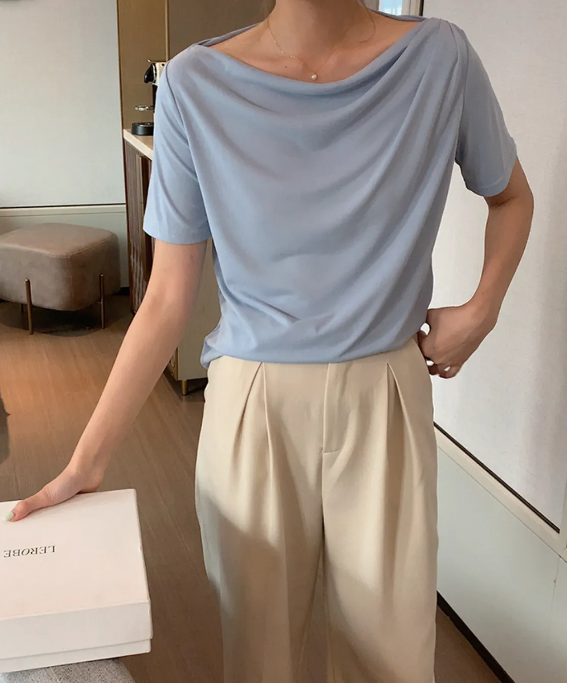 [Korean Style] Cowl Neck Solid Color Short Sleeve Top