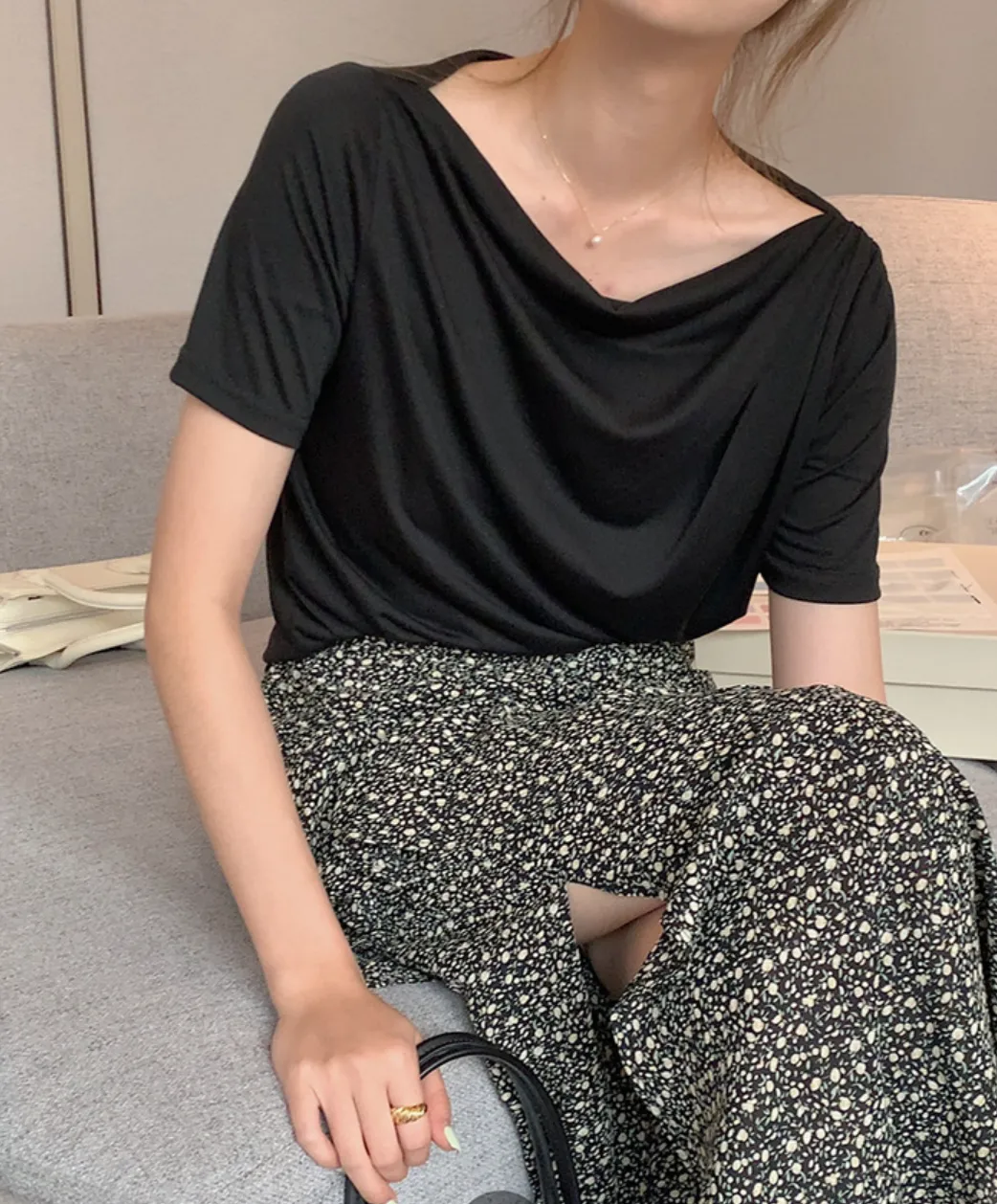 [Korean Style] Cowl Neck Solid Color Short Sleeve Top