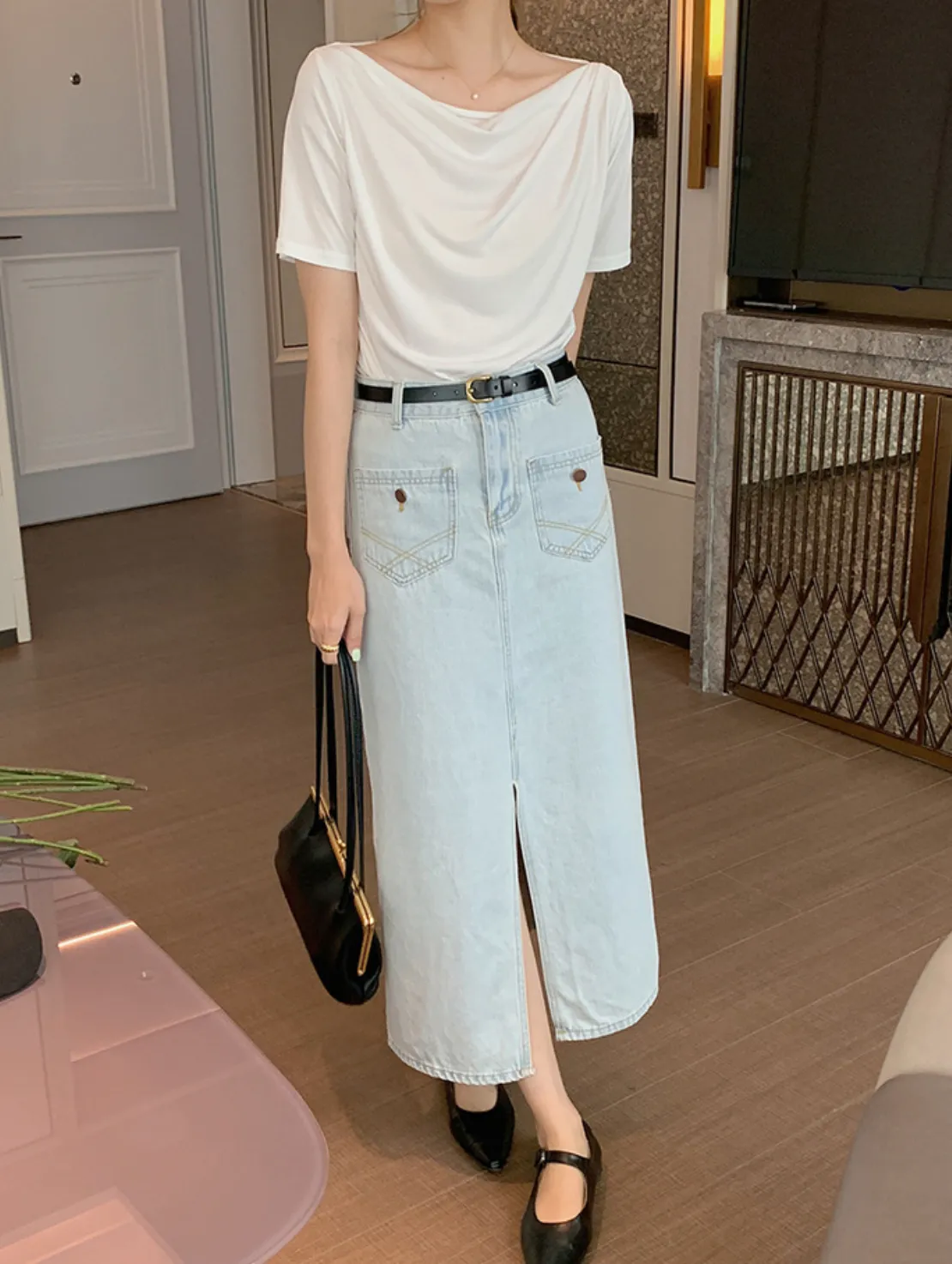 [Korean Style] Cowl Neck Solid Color Short Sleeve Top