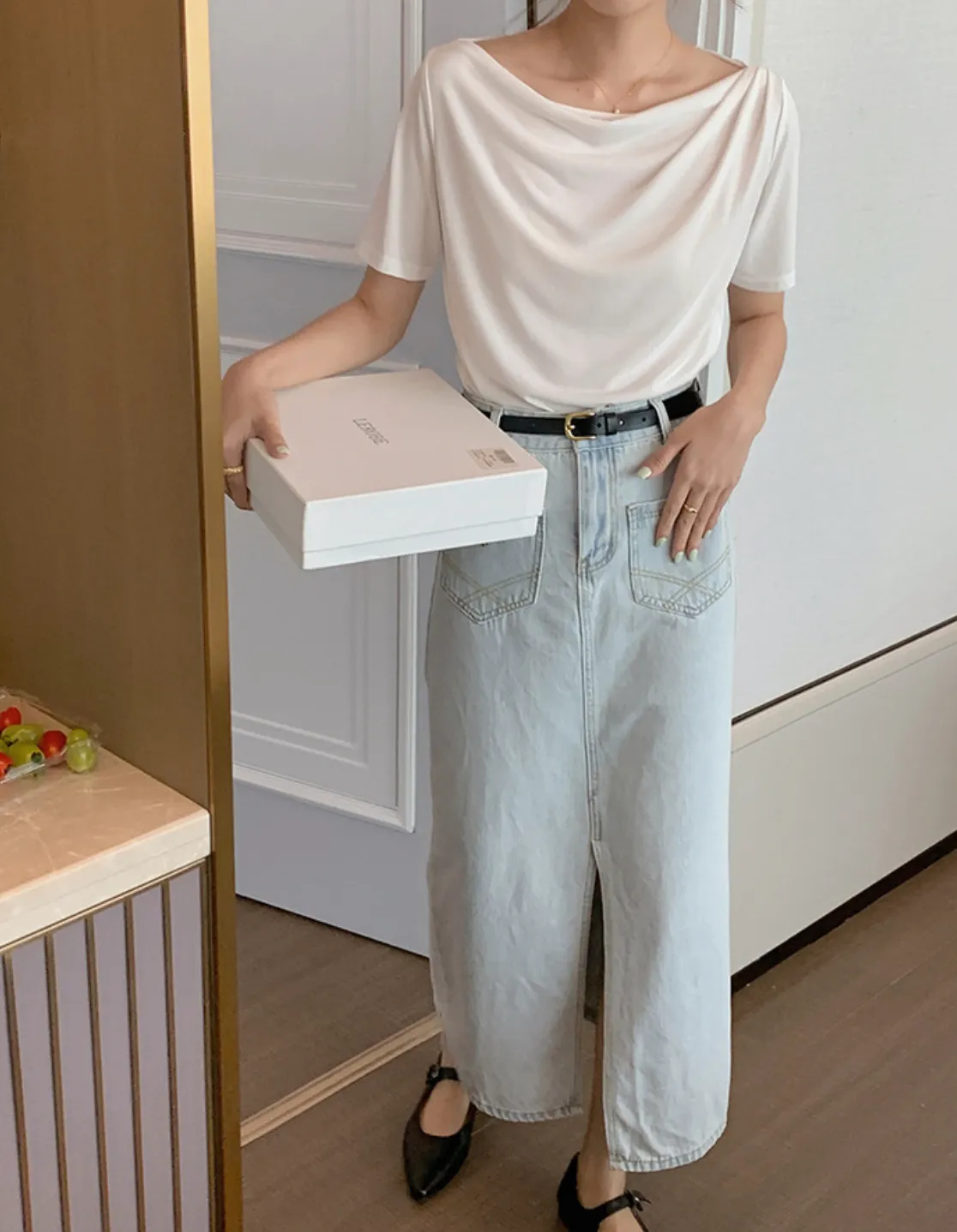 [Korean Style] Cowl Neck Solid Color Short Sleeve Top