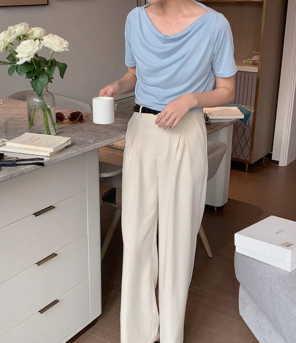[Korean Style] Cowl Neck Solid Color Short Sleeve Top