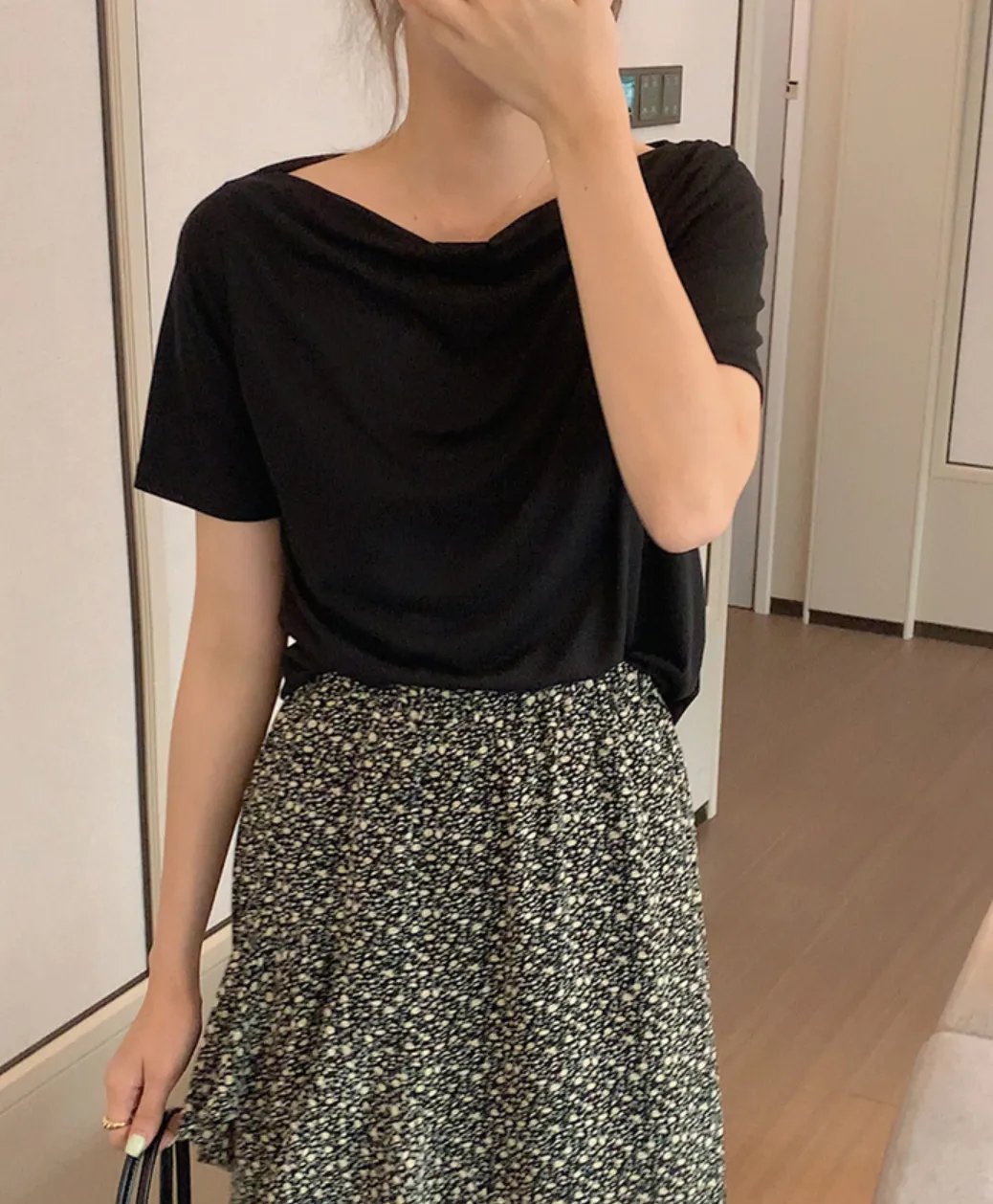 [Korean Style] Cowl Neck Solid Color Short Sleeve Top