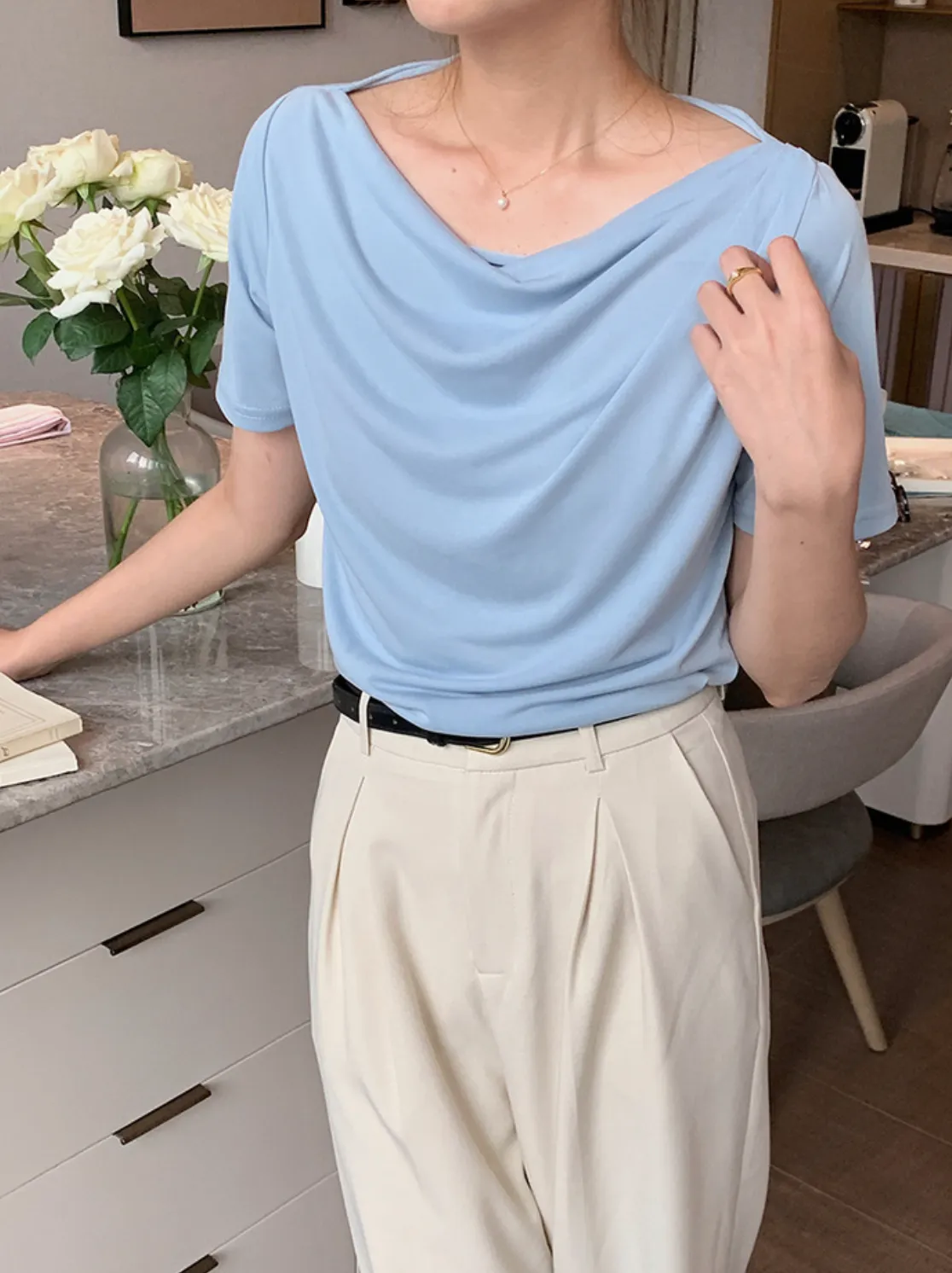 [Korean Style] Cowl Neck Solid Color Short Sleeve Top