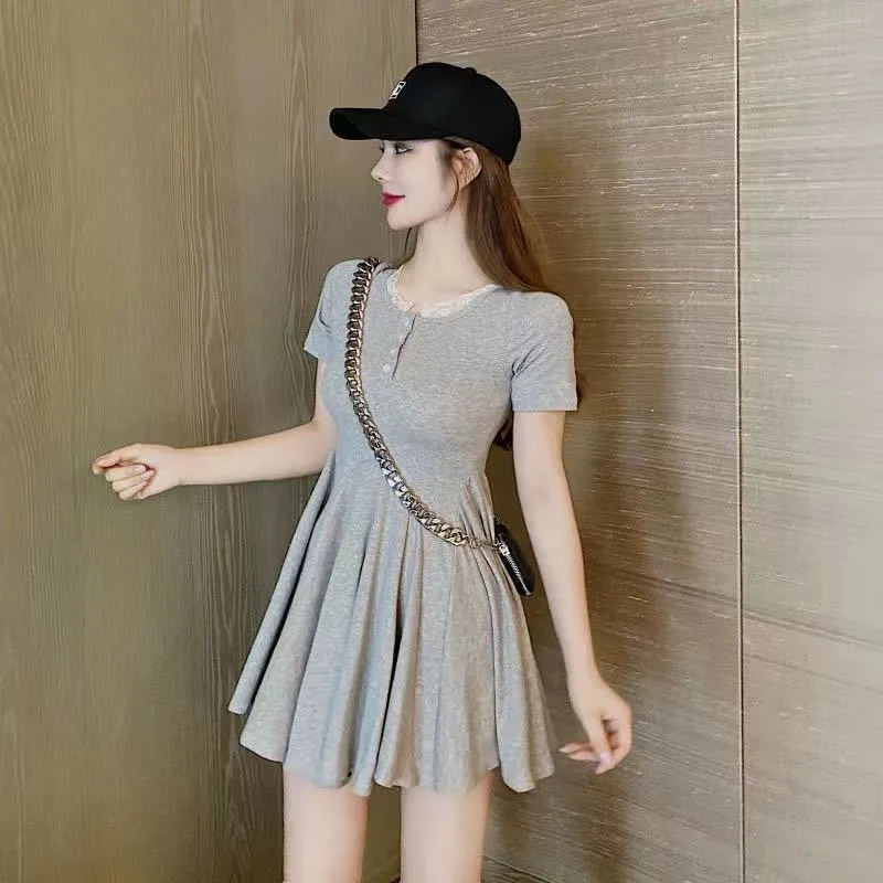 Lace Slimming Accordion Pleat Skirt V-Neck Cinched Waist A-Line Dress