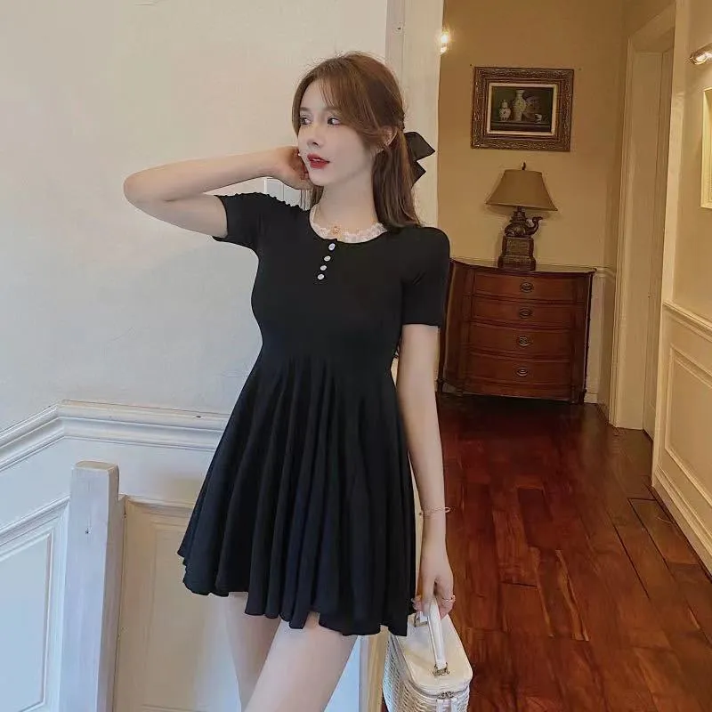 Lace Slimming Accordion Pleat Skirt V-Neck Cinched Waist A-Line Dress