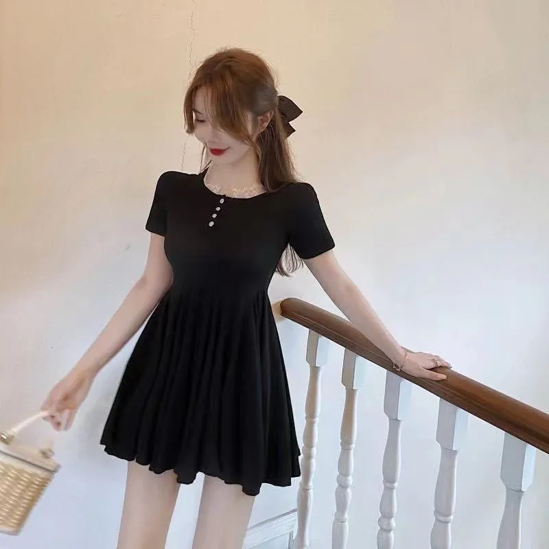 Lace Slimming Accordion Pleat Skirt V-Neck Cinched Waist A-Line Dress