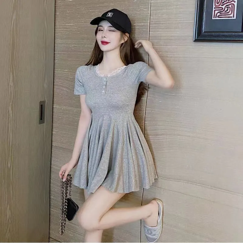 Lace Slimming Accordion Pleat Skirt V-Neck Cinched Waist A-Line Dress