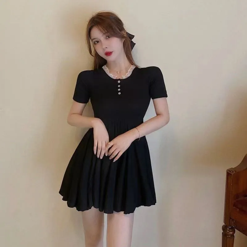 Lace Slimming Accordion Pleat Skirt V-Neck Cinched Waist A-Line Dress