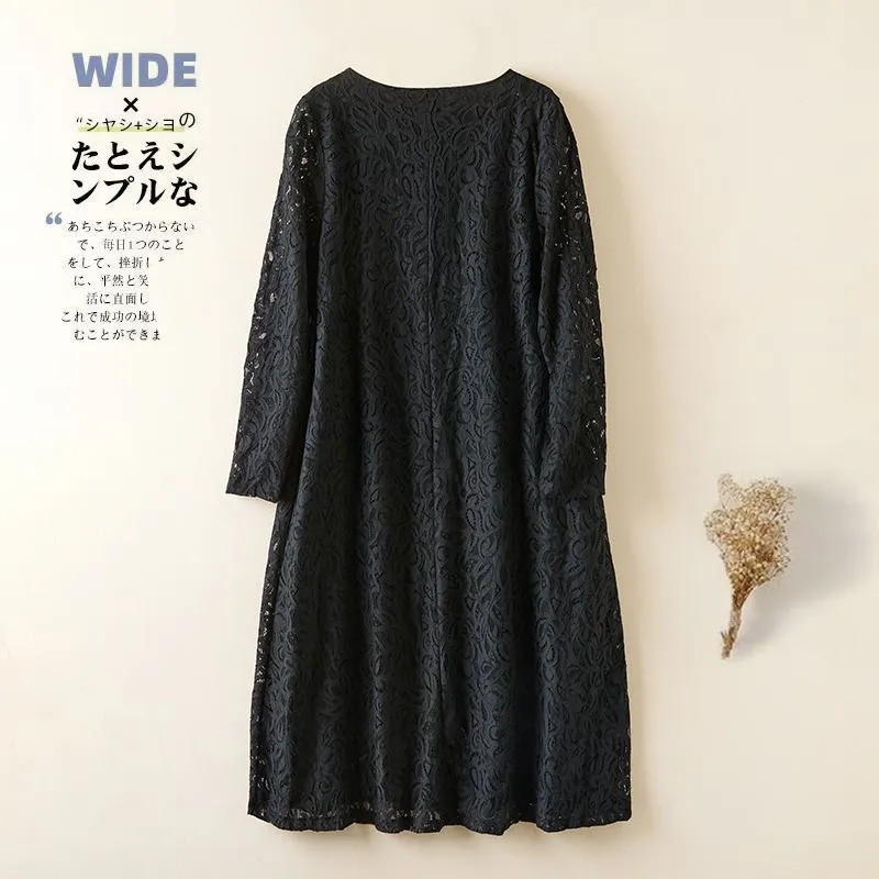 Lace Slimming Loose Fit Versatile Solid Color A-Line Full Skirt Dress