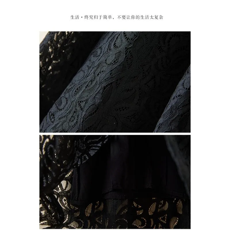 Lace Slimming Loose Fit Versatile Solid Color A-Line Full Skirt Dress