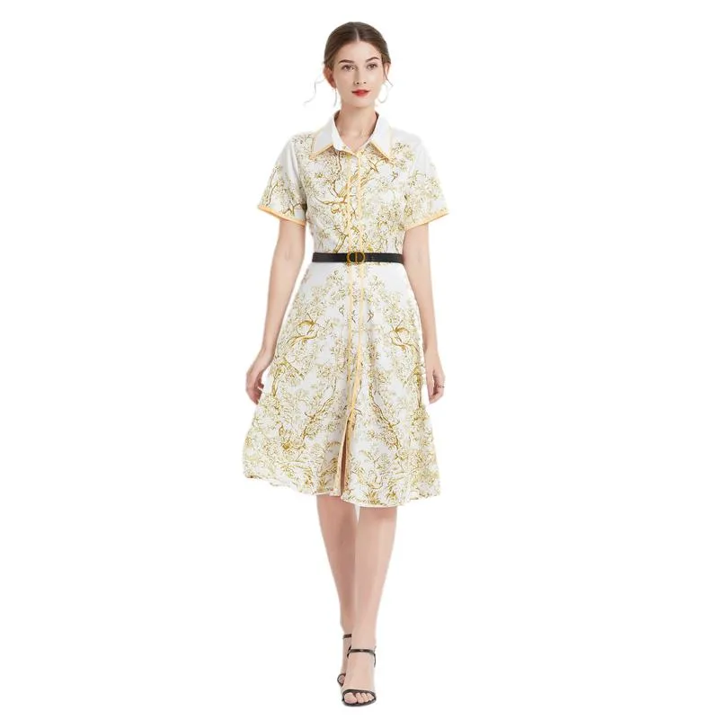 Lapel Jungle Print Waist Belt Pattern Dress