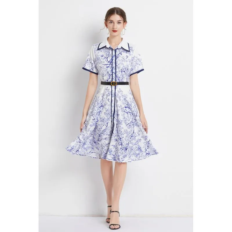 Lapel Jungle Print Waist Belt Pattern Dress