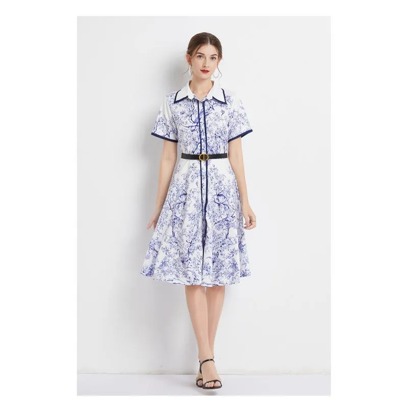 Lapel Jungle Print Waist Belt Pattern Dress