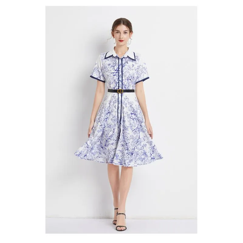 Lapel Jungle Print Waist Belt Pattern Dress